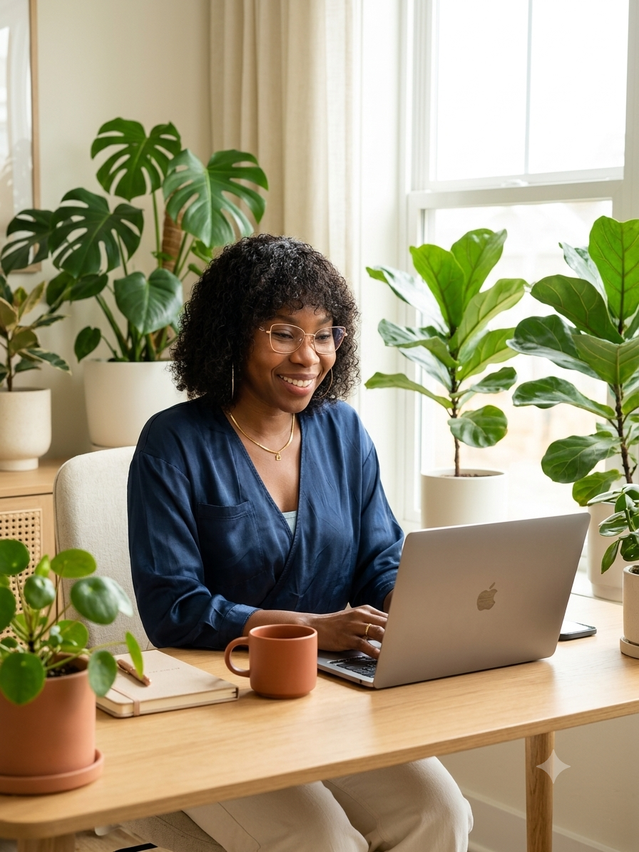 Profesional sonriente trabajando en un escritorio con plantas